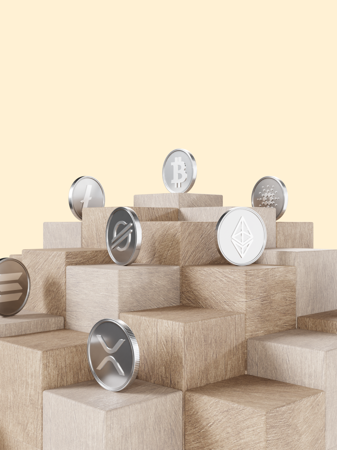 3D render of crypto coins placed on wooden blocks